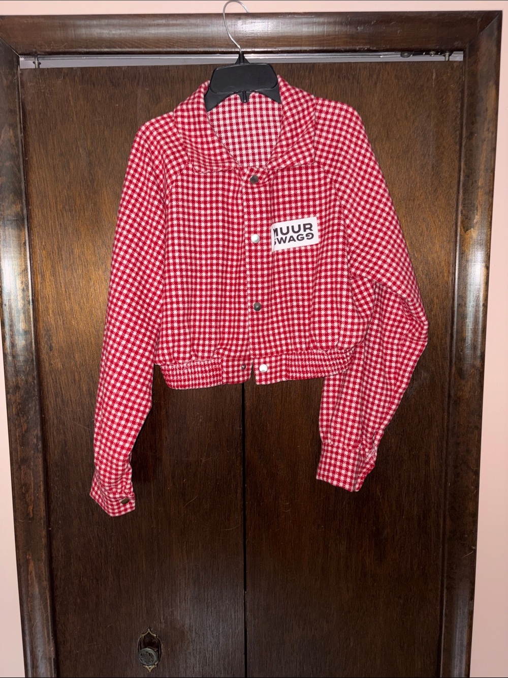 Red Gingham Cropped Button-Front Shirt Jacket